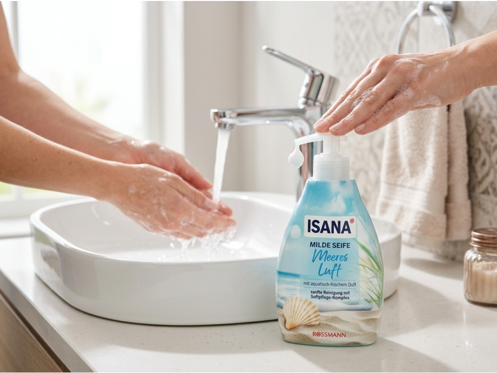 Isana jemné tekuté mýdlo s vůní mořského vzduchu 500 ml - použití u umyvadla