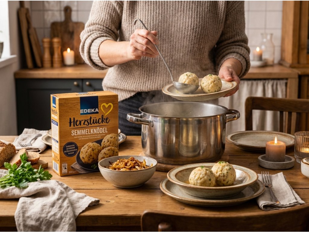 Servírování houskových knedlíků Edeka Herzstücke