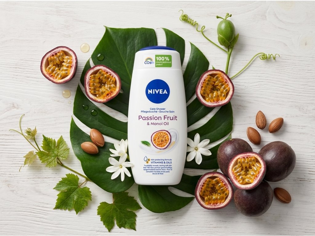 Nivea Passion Fruit Monoi Oil sprchový gel v přírodě s tropickými ingrediencemi