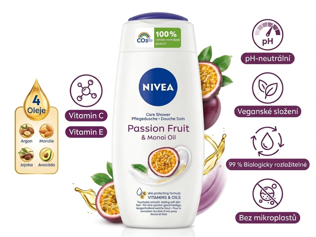 Nivea Passion Fruit Monoi Oil sprchový gel infografika s klíčovými benefity