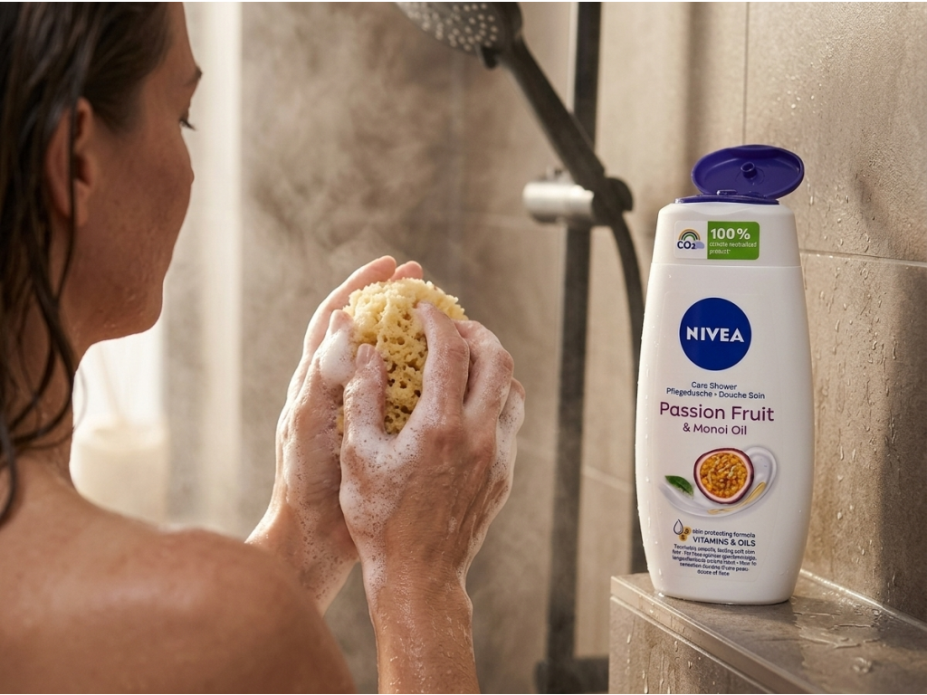 Žena používá Nivea Passion Fruit Monoi Oil sprchový gel ve sprše