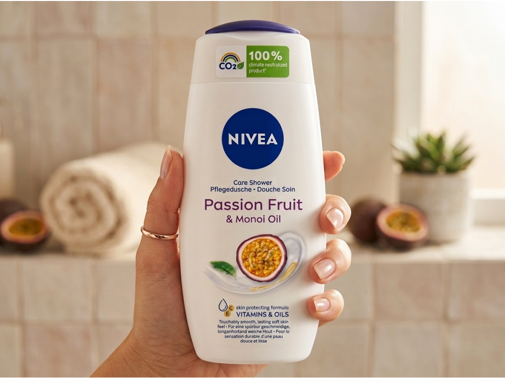 Nivea Passion Fruit Monoi Oil sprchový gel držený v ruce v koupelně