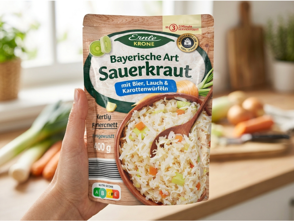 Balení Erntekrone bavorského kysaného zelí v ruce