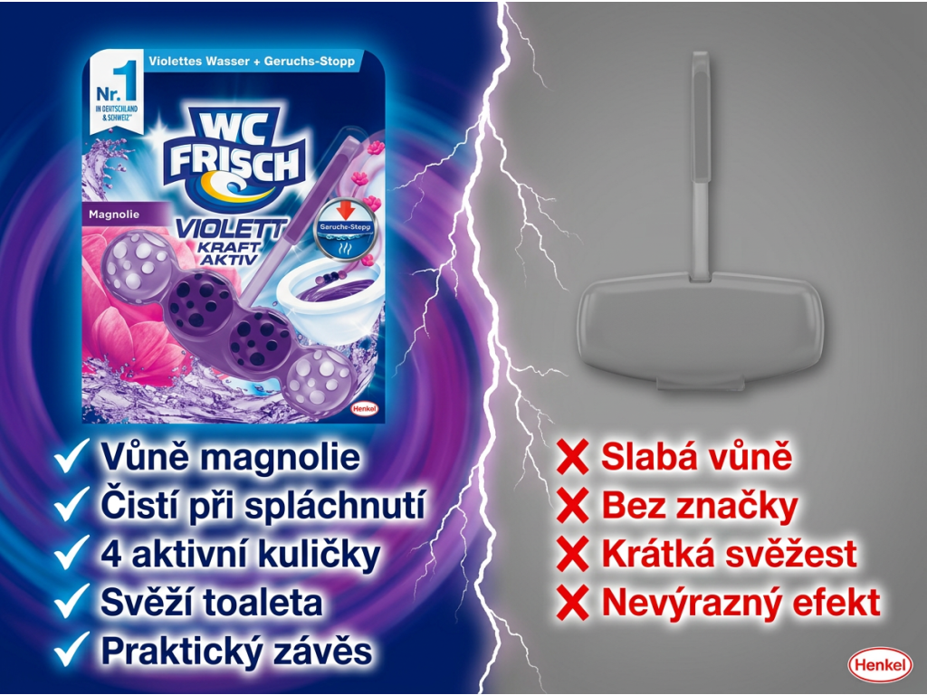 Srovnání WC Frisch Violett Kraft Aktiv Magnolie s běžným WC blokem