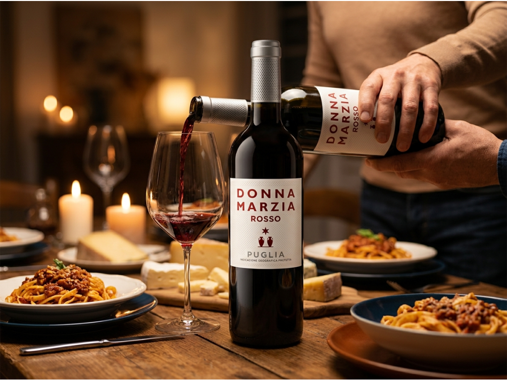 Nalévání vína Donna Marzia Rosso u večeře