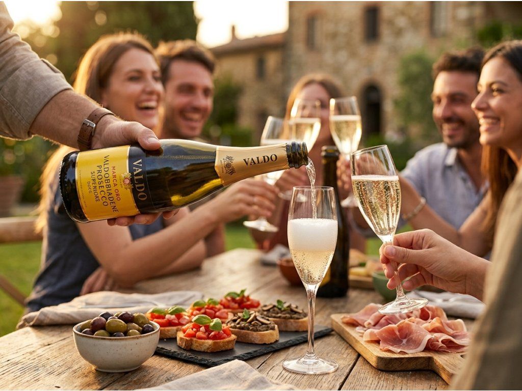 Servírování prosecca Valdo při aperitivu