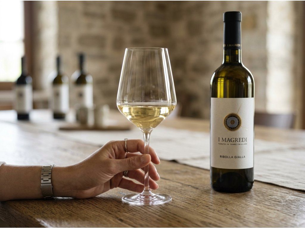 Sklenka Ribolla Gialla v ruce