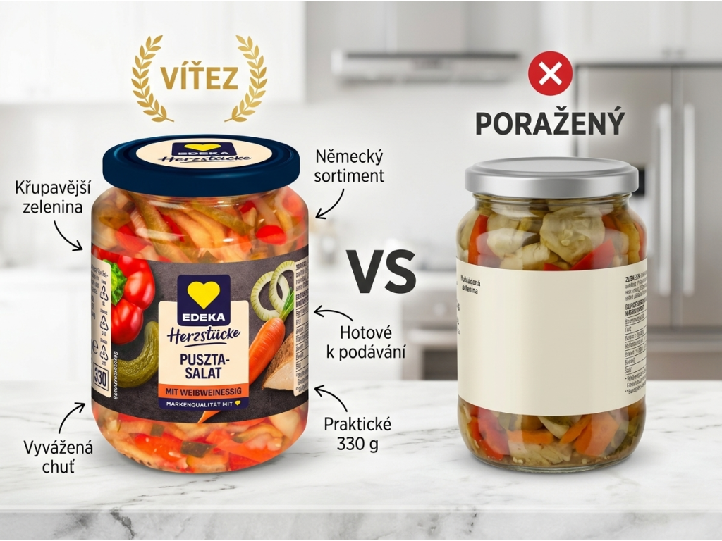 Srovnání EDEKA Puszta salátu s běžnou nakládanou zeleninou