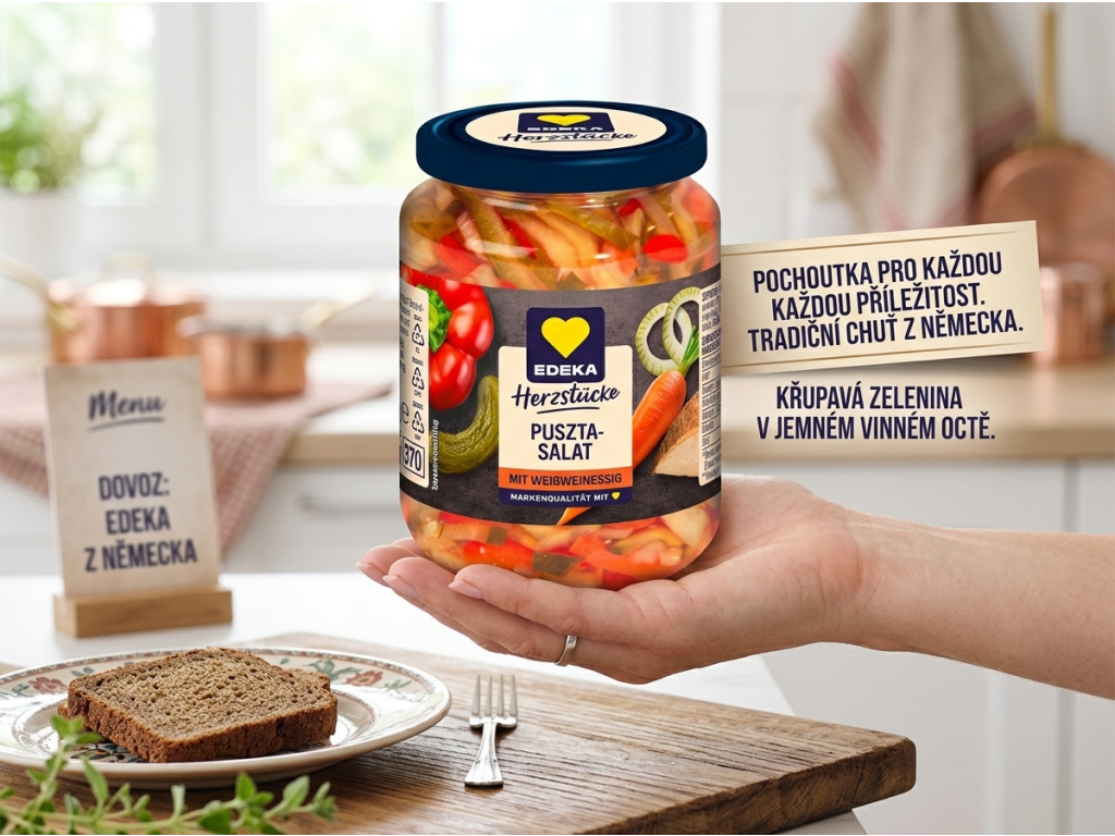 EDEKA Herzstücke Puszta salát ve sklenici