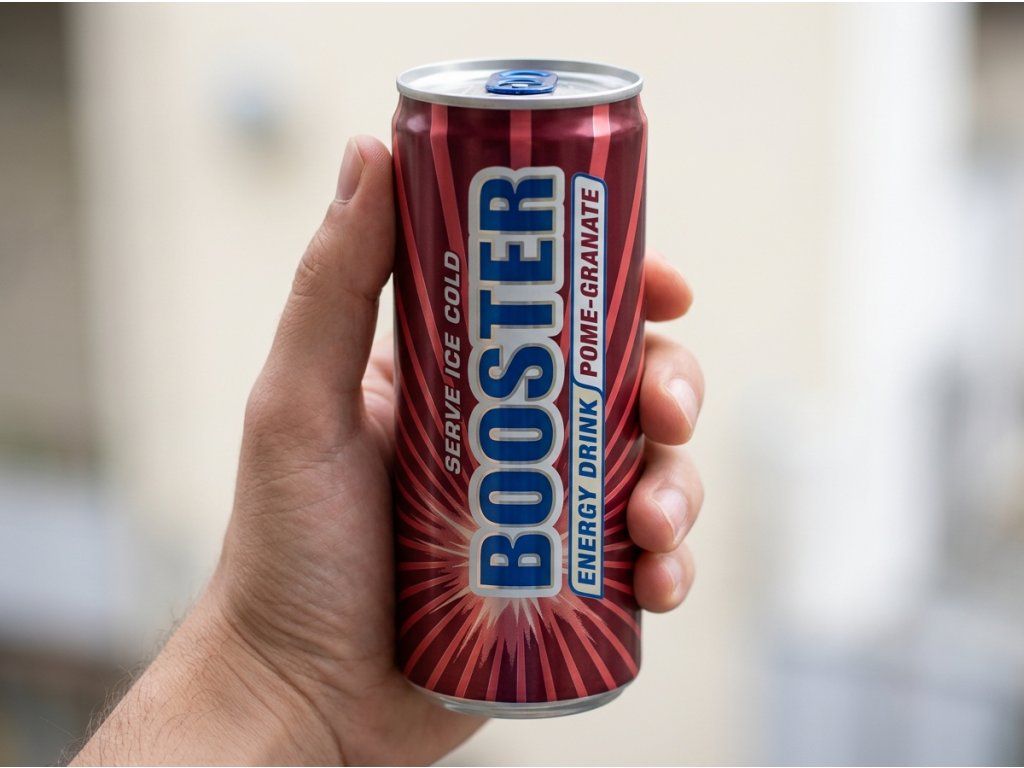 Booster energetický nápoj s příchutí granátového jablka 330 ml - detail v ruce