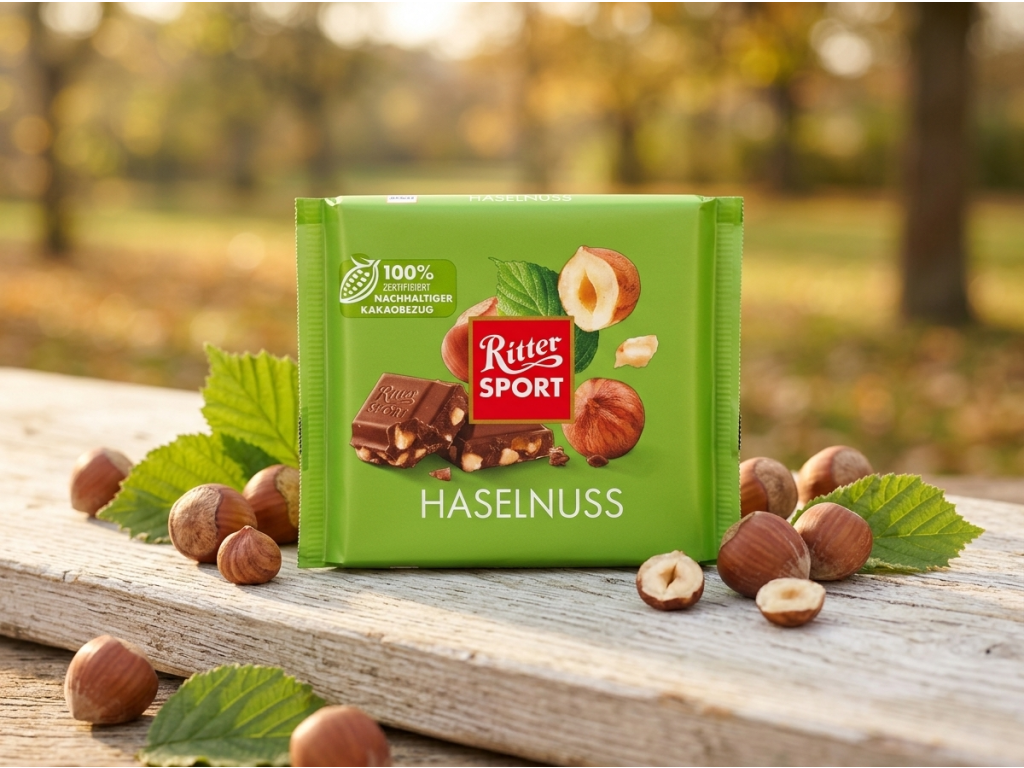 Ritter Sport Haselnuss 100 g v přírodním prostředí s lískovými ořechy