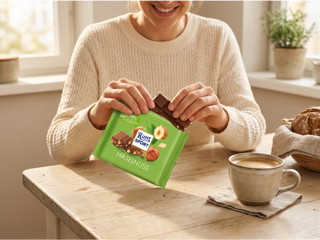 Žena si vychutnává Ritter Sport Haselnuss u kávy