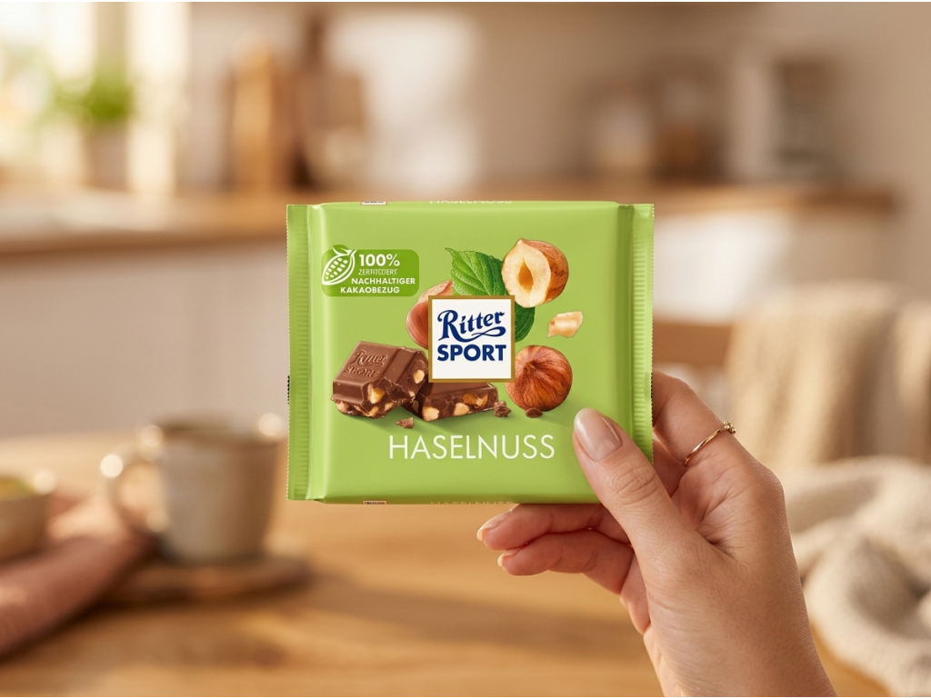 Ritter Sport Haselnuss 100 g držená v ruce
