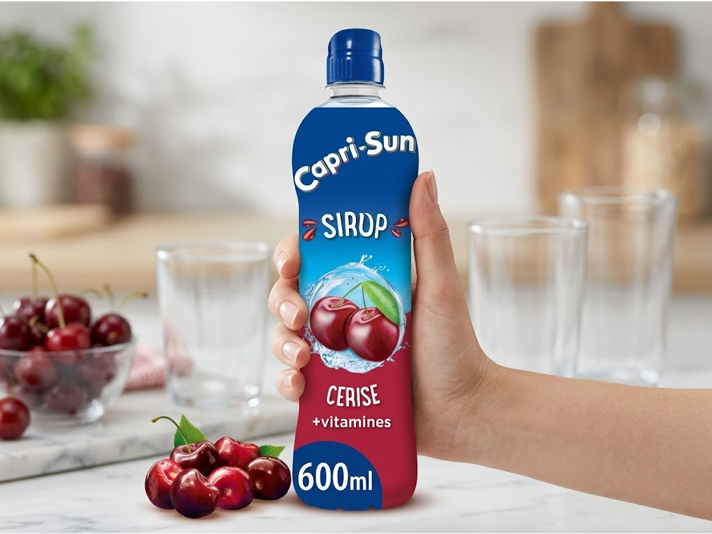 Capri-Sun třešňový sirup s vitamíny 600 ml - lahev v ruce