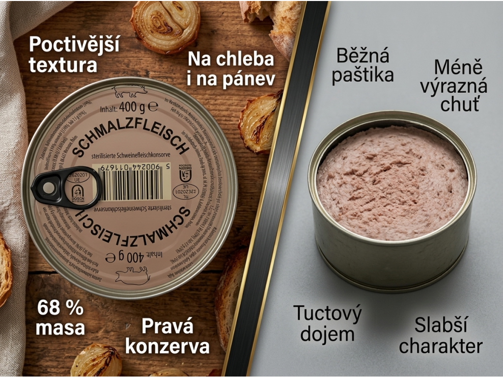 Animex vepřové maso ve sádle 400 g - srovnání s běžnou paštikou