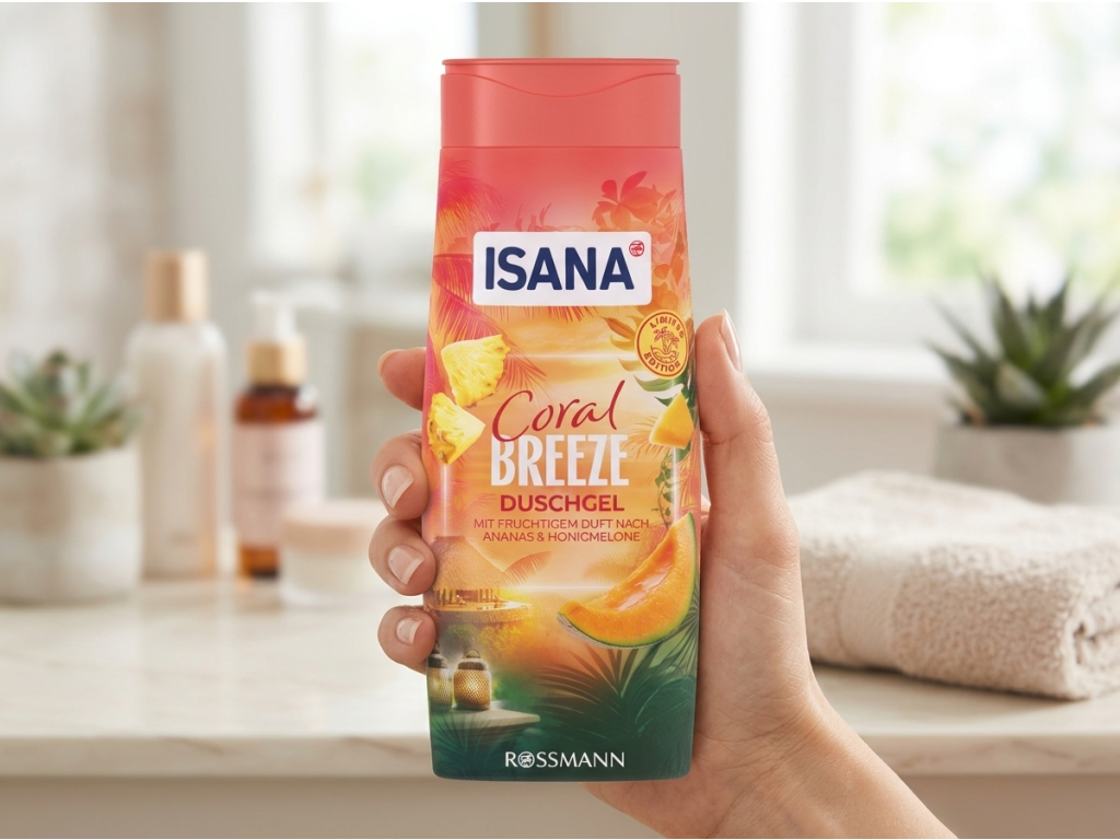 Isana sprchový gel Coral Breeze 300 ml - detail balení v ruce