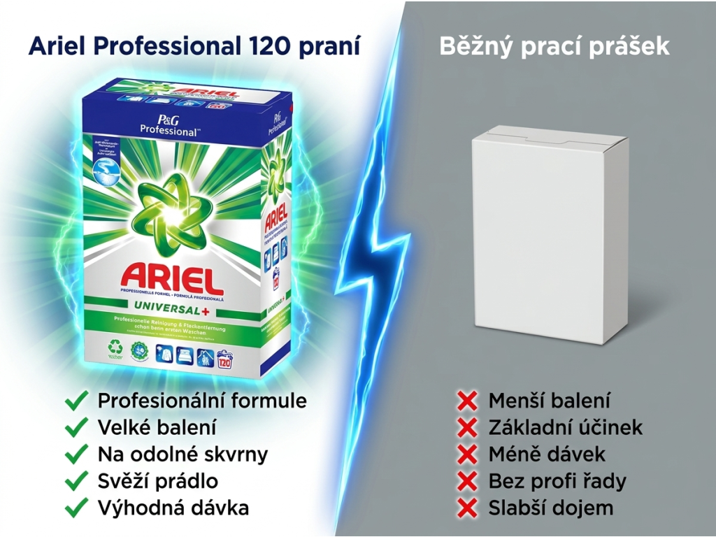 Ariel Professional univerzální prací prášek 120 praní, 7,2 kg - srovnání s běžným pracím práškem
