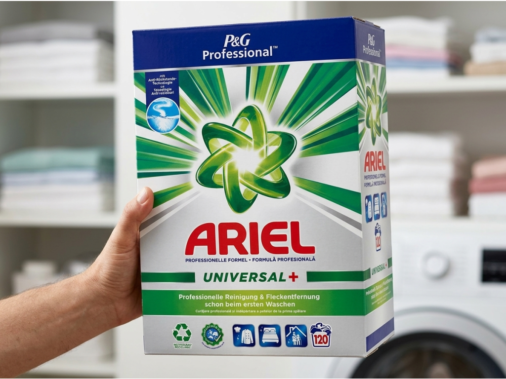 Ariel Professional univerzální prací prášek 120 praní, 7,2 kg - velké balení v ruce