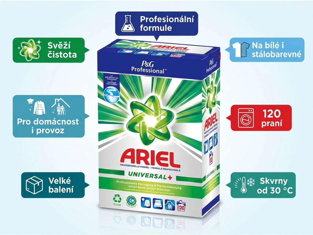 Ariel Professional univerzální prací prášek 120 praní, 7,2 kg - hlavní výhody