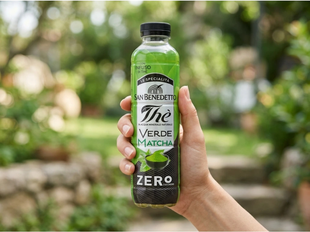San Benedetto ledový čaj Matcha Zero 400 ml - detail v ruce