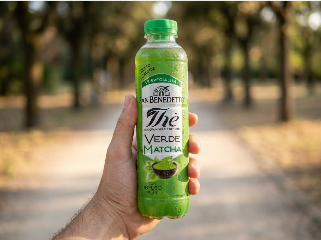 San Benedetto ledový zelený čaj Matcha 0,4 l - láhev v ruce