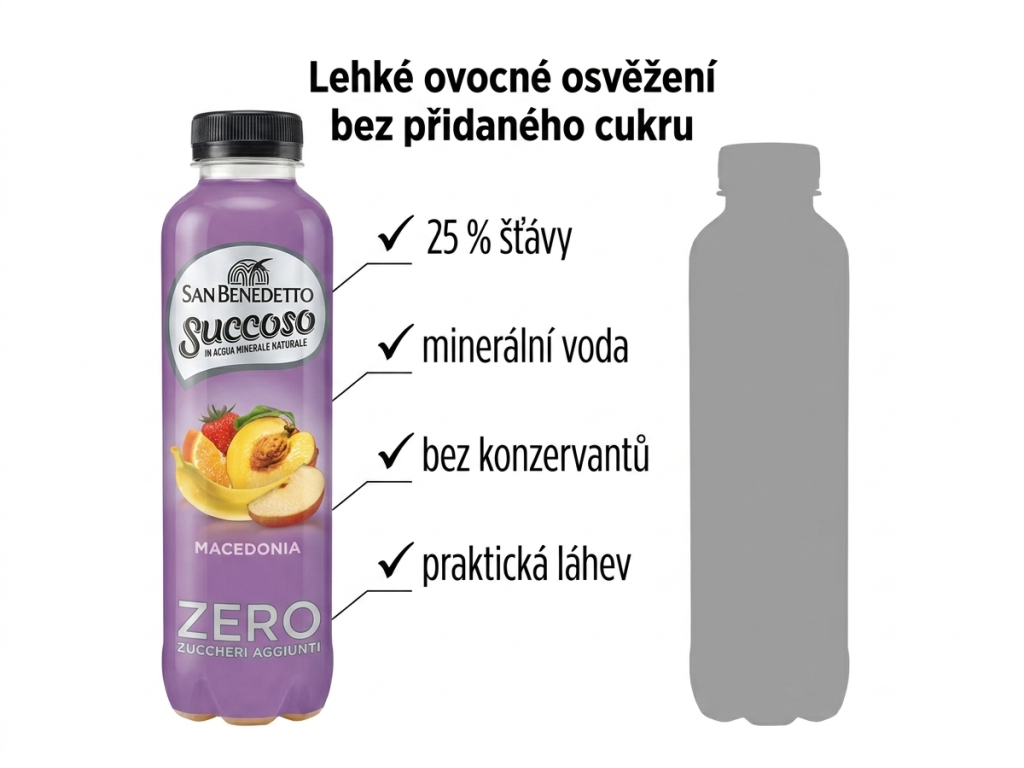 San Benedetto ovocný nápoj Succoso Macedonia Zero 0,4 l - srovnání s běžným nápojem