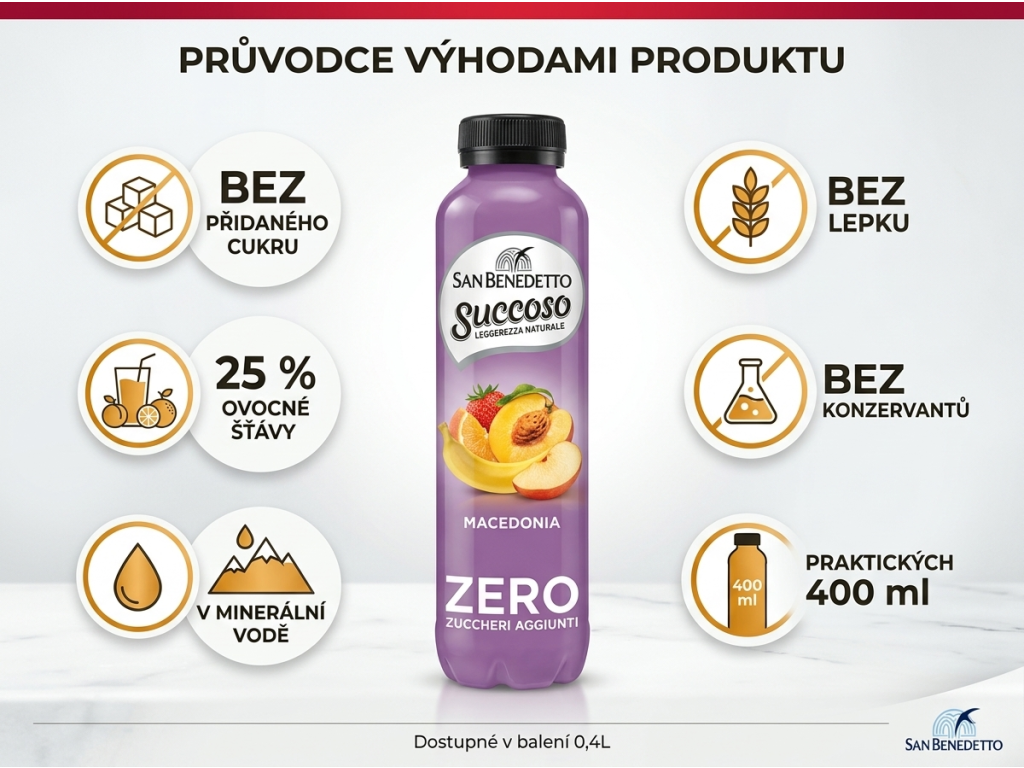San Benedetto ovocný nápoj Succoso Macedonia Zero 0,4 l - benefity bez přidaného cukru