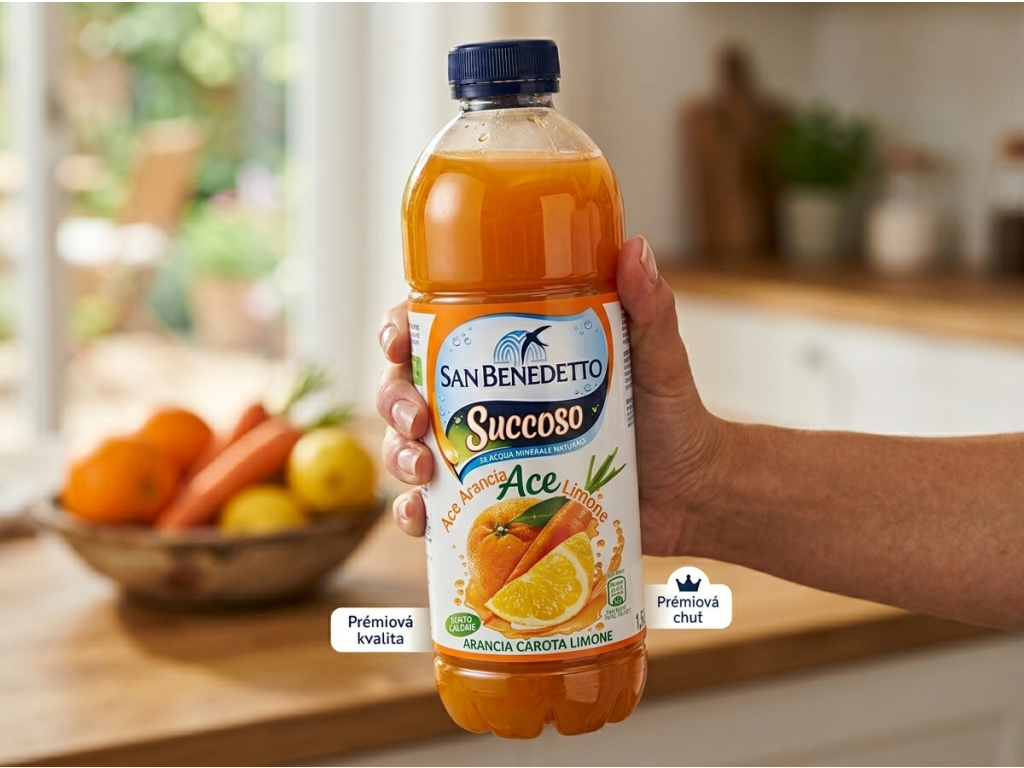 San Benedetto ovocný nápoj Succoso ACE pomeranč, mrkev a citron 1,5 l - detail láhve