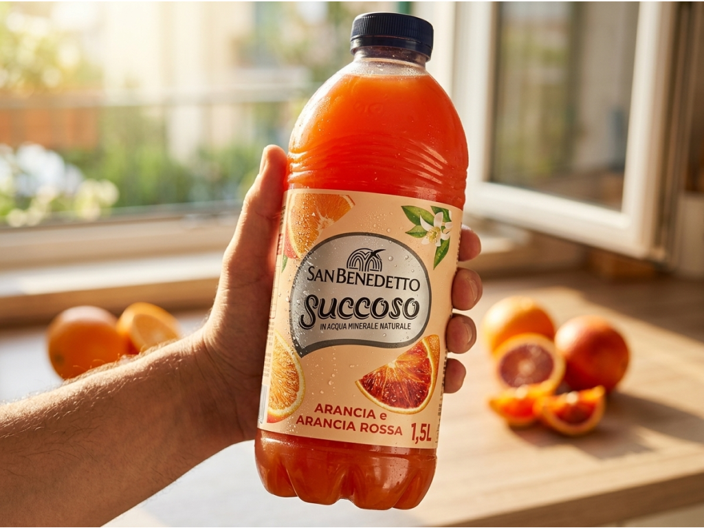 San Benedetto ovocný nápoj Succoso pomeranč a krvavý pomeranč 1,5 l - lahev v ruce
