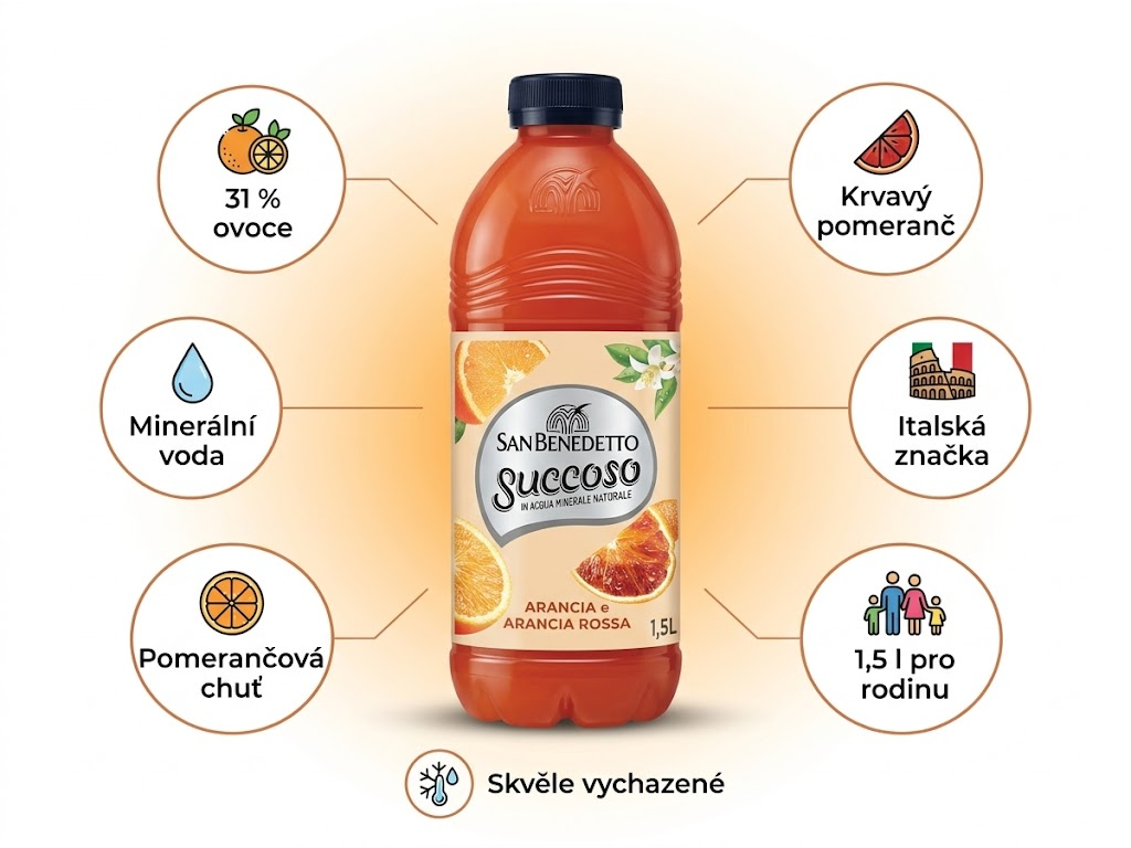 San Benedetto ovocný nápoj Succoso pomeranč a krvavý pomeranč 1,5 l - hlavní výhody