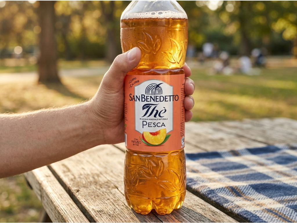 San Benedetto ledový čaj s broskví 1,5 l - lahev v ruce