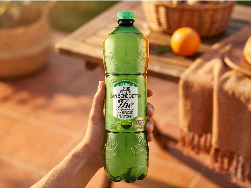 San Benedetto ledový zelený čaj Matcha 1,5 l - lahev v ruce