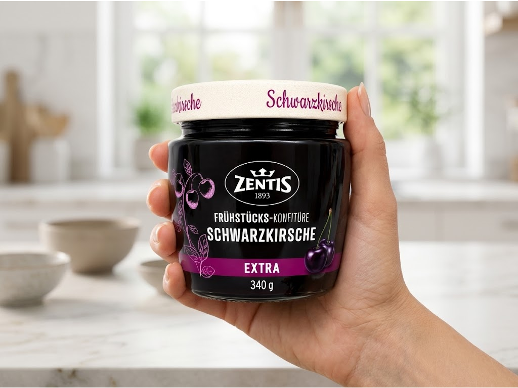 Zentis višňový džem Extra 340 g - detail v ruce