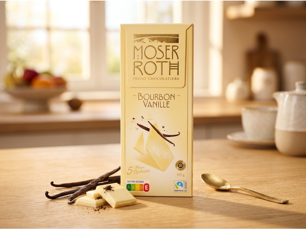 Moser Roth bílá čokoláda s Bourbon vanilkou 125 g - servírování s vanilkou