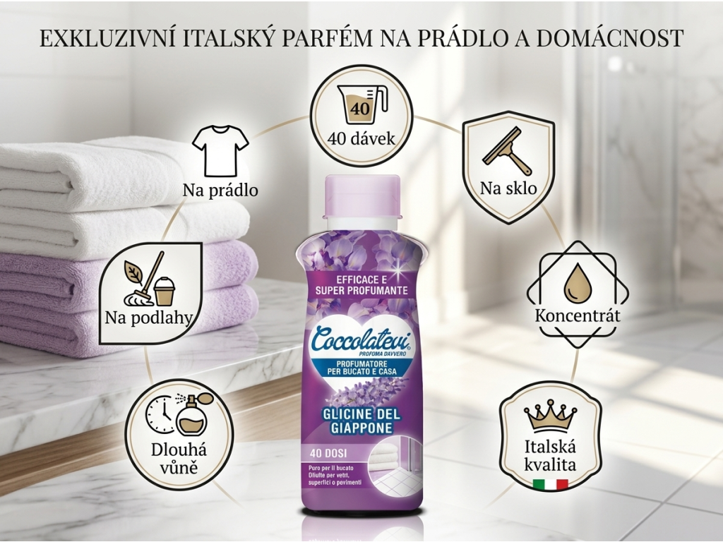 Coccolatevi parfém na prádlo a podlahy Glicine del Giappone 250 ml - výhody