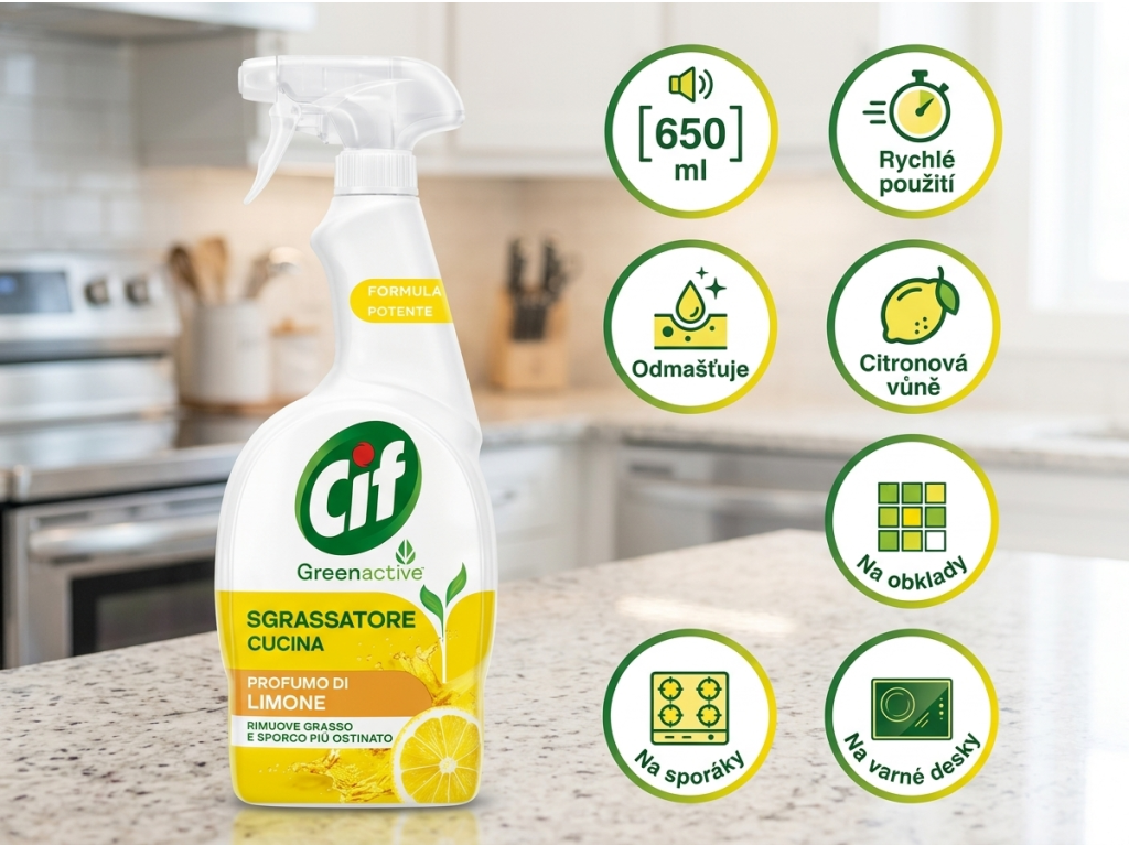 Cif Greenactive kuchyňský odmašťovač - hlavní benefity
