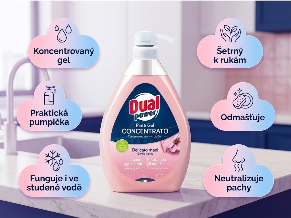 Dual Power koncentrovaný gel na nádobí šetrný k rukám 1 l - hlavní výhody