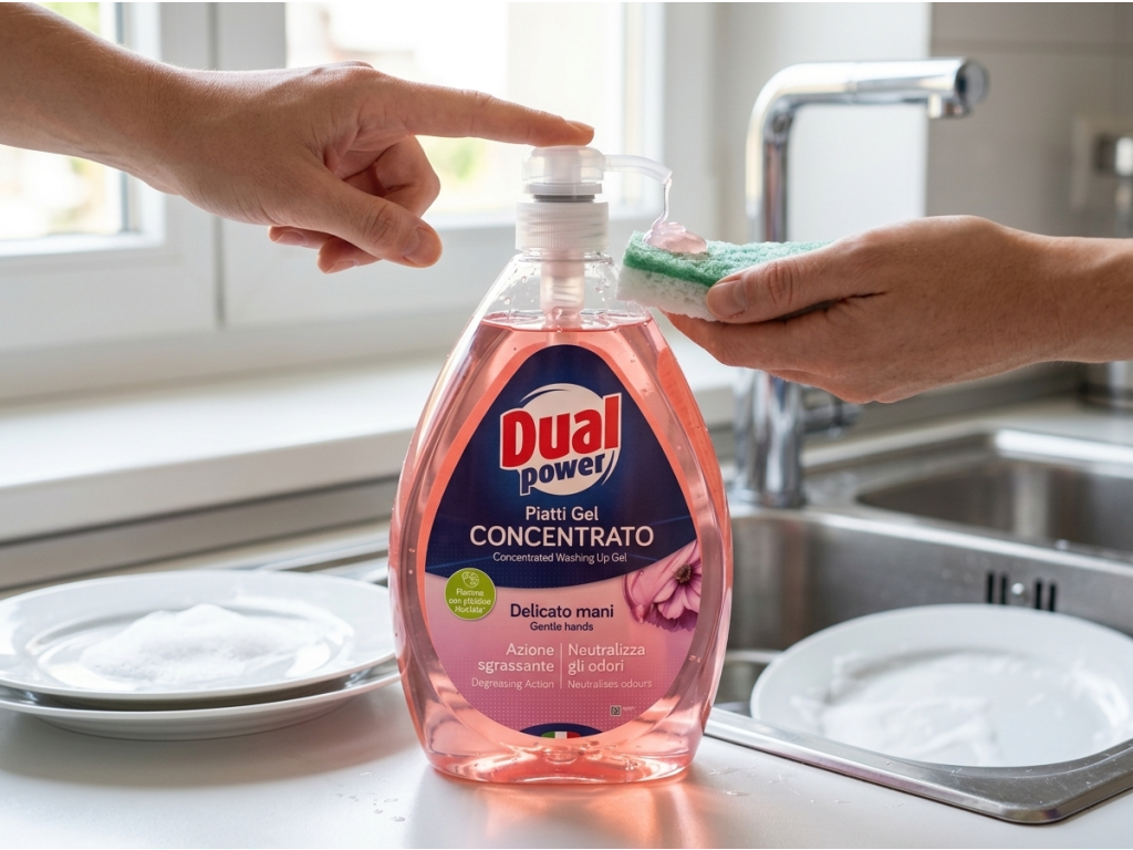 Dual Power koncentrovaný gel na nádobí šetrný k rukám 1 l - dávkování při mytí