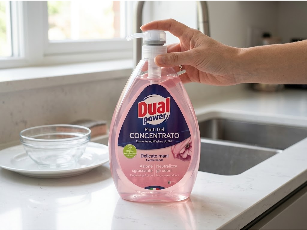 Dual Power koncentrovaný gel na nádobí šetrný k rukám 1 l - praktické balení v ruce