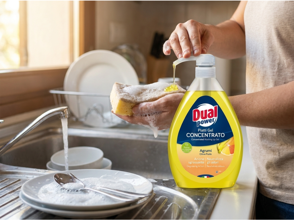 Dual Power koncentrovaný gel na mytí nádobí Agrumi 1 l - použití při mytí nádobí