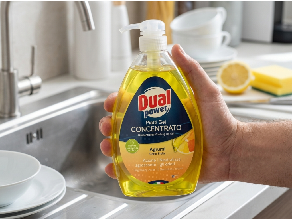 Dual Power koncentrovaný gel na mytí nádobí Agrumi 1 l - balení v ruce