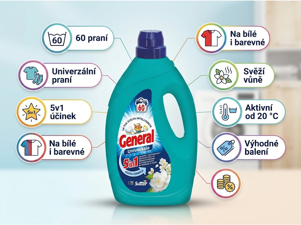 General Universale prací gel 5v1, 60 praní, 2,7 l - infografika benefitů