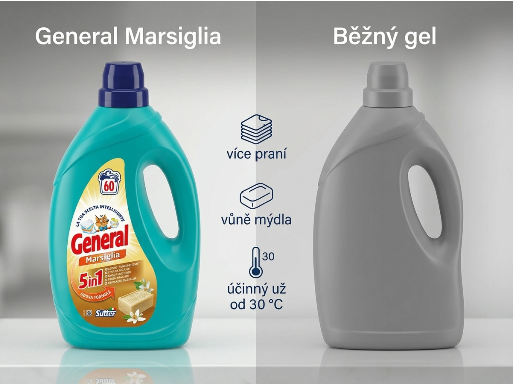 General prací gel Marsiglia s marseillským mýdlem, 60 praní, 2,7 l - srovnání s běžným pracím gelem