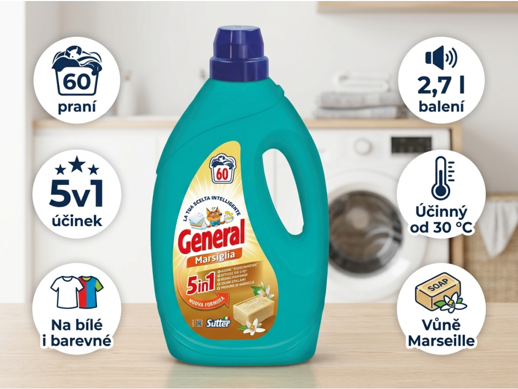 General prací gel Marsiglia s marseillským mýdlem, 60 praní, 2,7 l - infografika benefitů