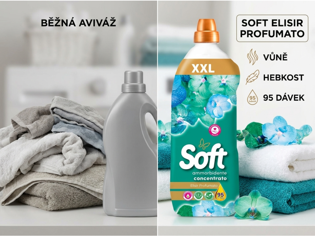 Soft Elisir Profumato koncentrovaná aviváž 95 dávek 2 l - srovnání s běžnou aviváží