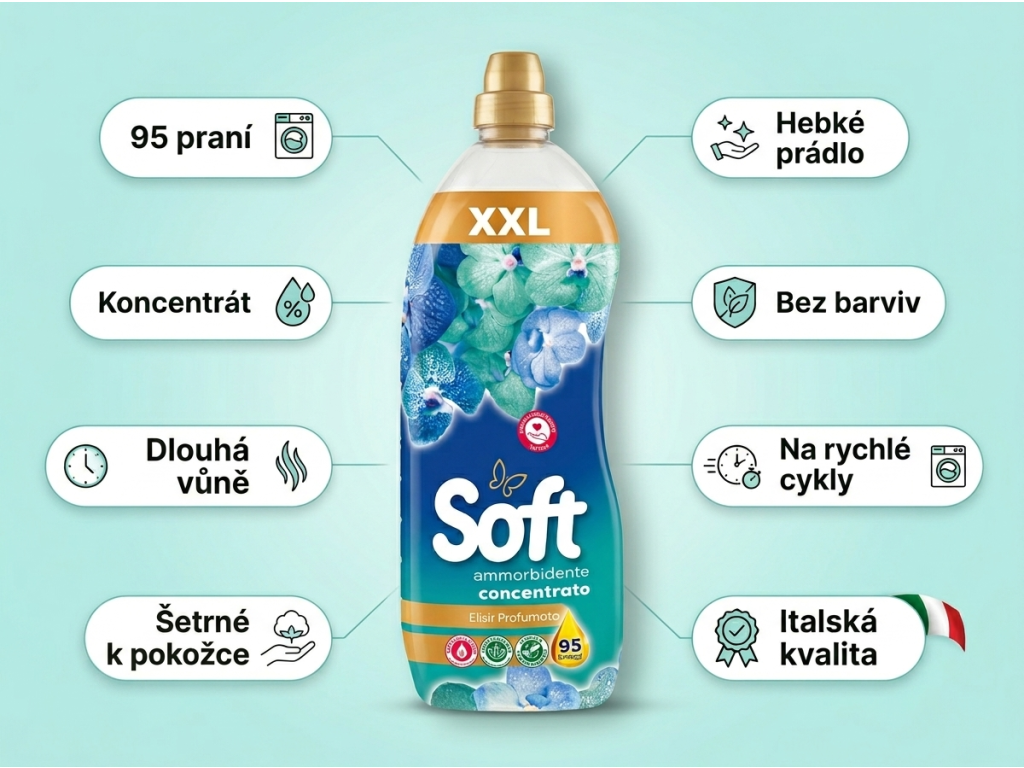 Soft Elisir Profumato koncentrovaná aviváž 95 dávek 2 l - hlavní výhody