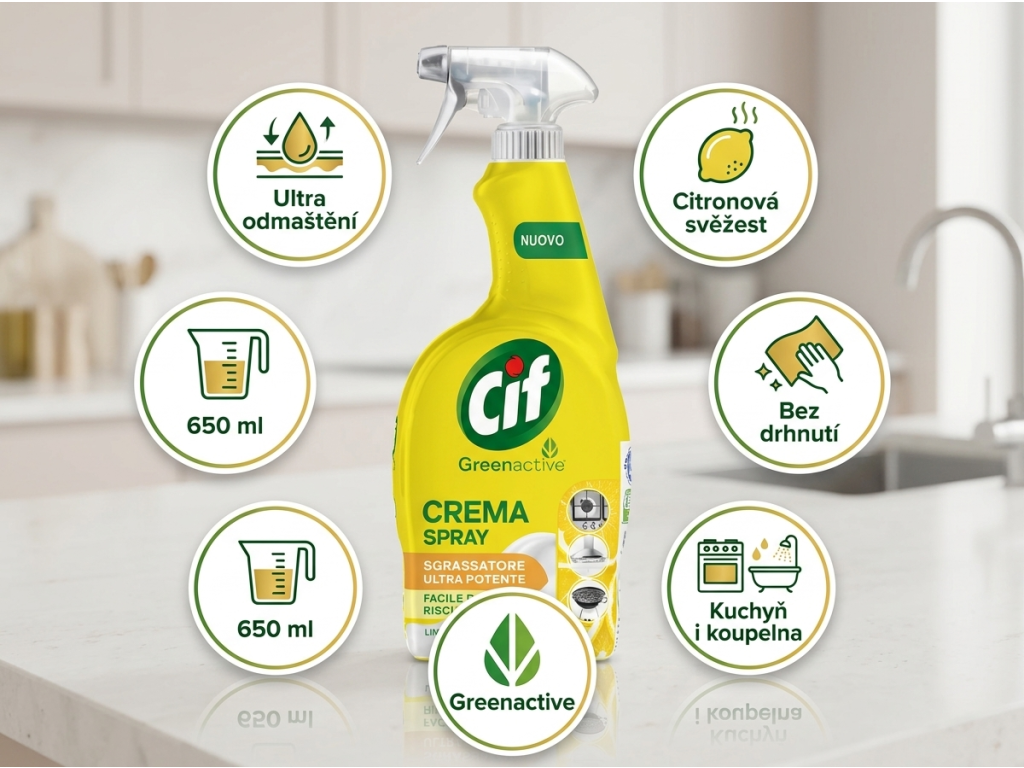 Cif Crema Spray Limone univerzální čisticí sprej 650 ml - hlavní benefity