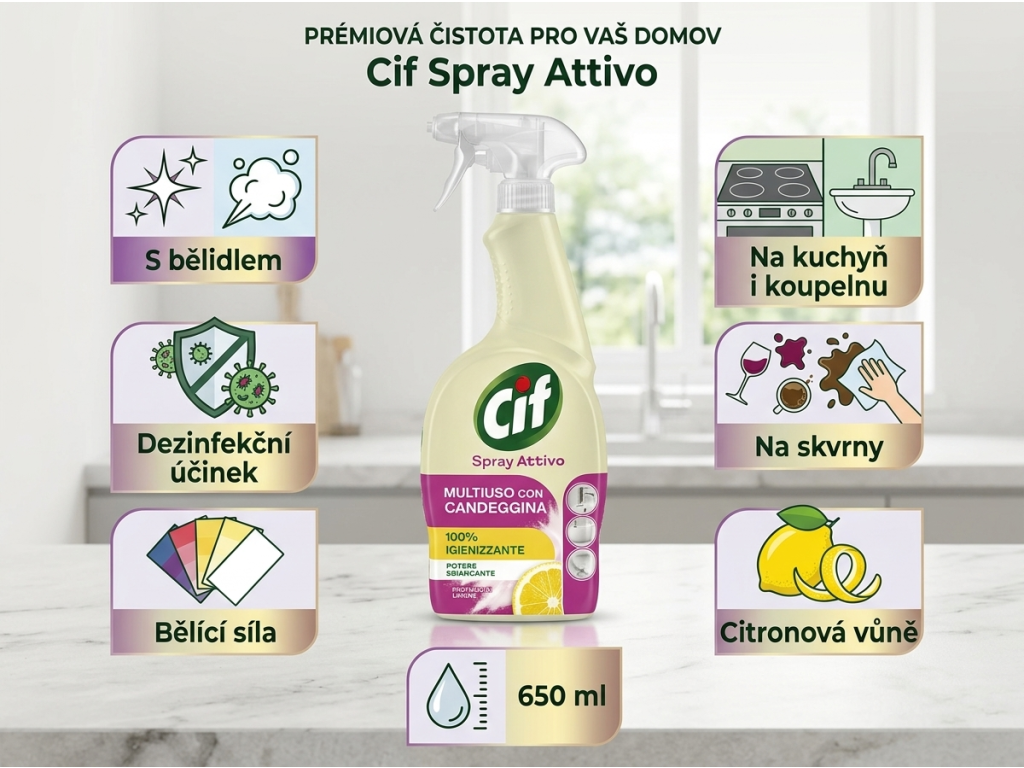 Cif víceúčelový čistič s bělidlem citron 650 ml - hlavní výhody