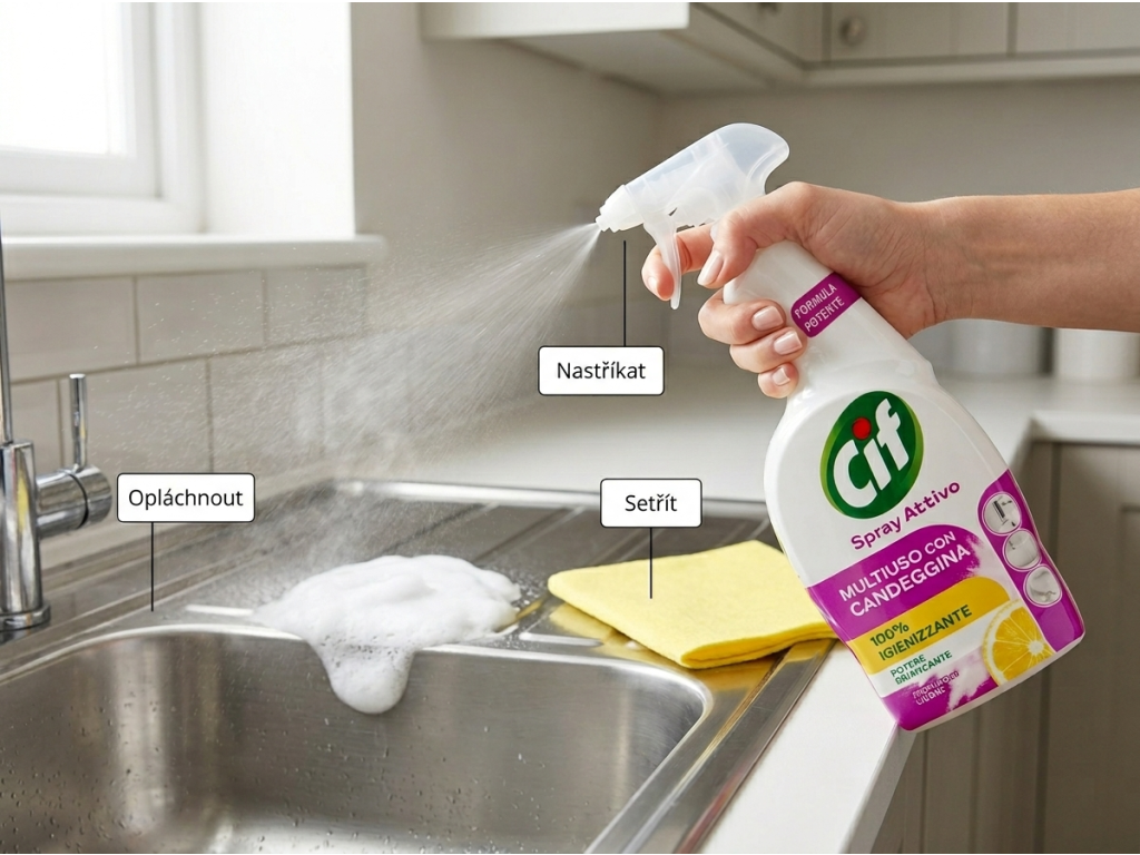 Cif víceúčelový čistič s bělidlem citron 650 ml - aktivní použití spreje