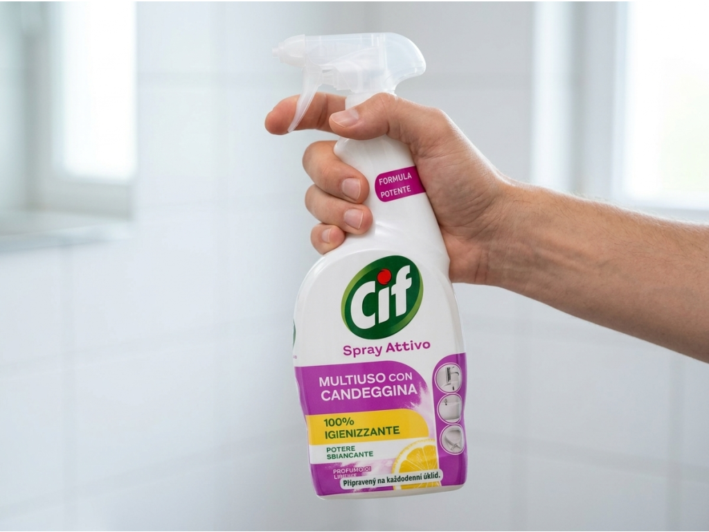 Cif víceúčelový čistič s bělidlem citron 650 ml - láhev v ruce